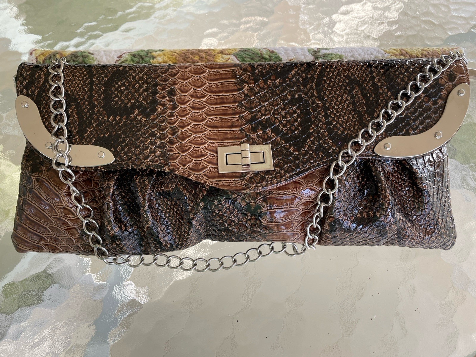 New W/O Tags Faux Snakeskin Fold Over Envelope Clutch/Shoulder Bag