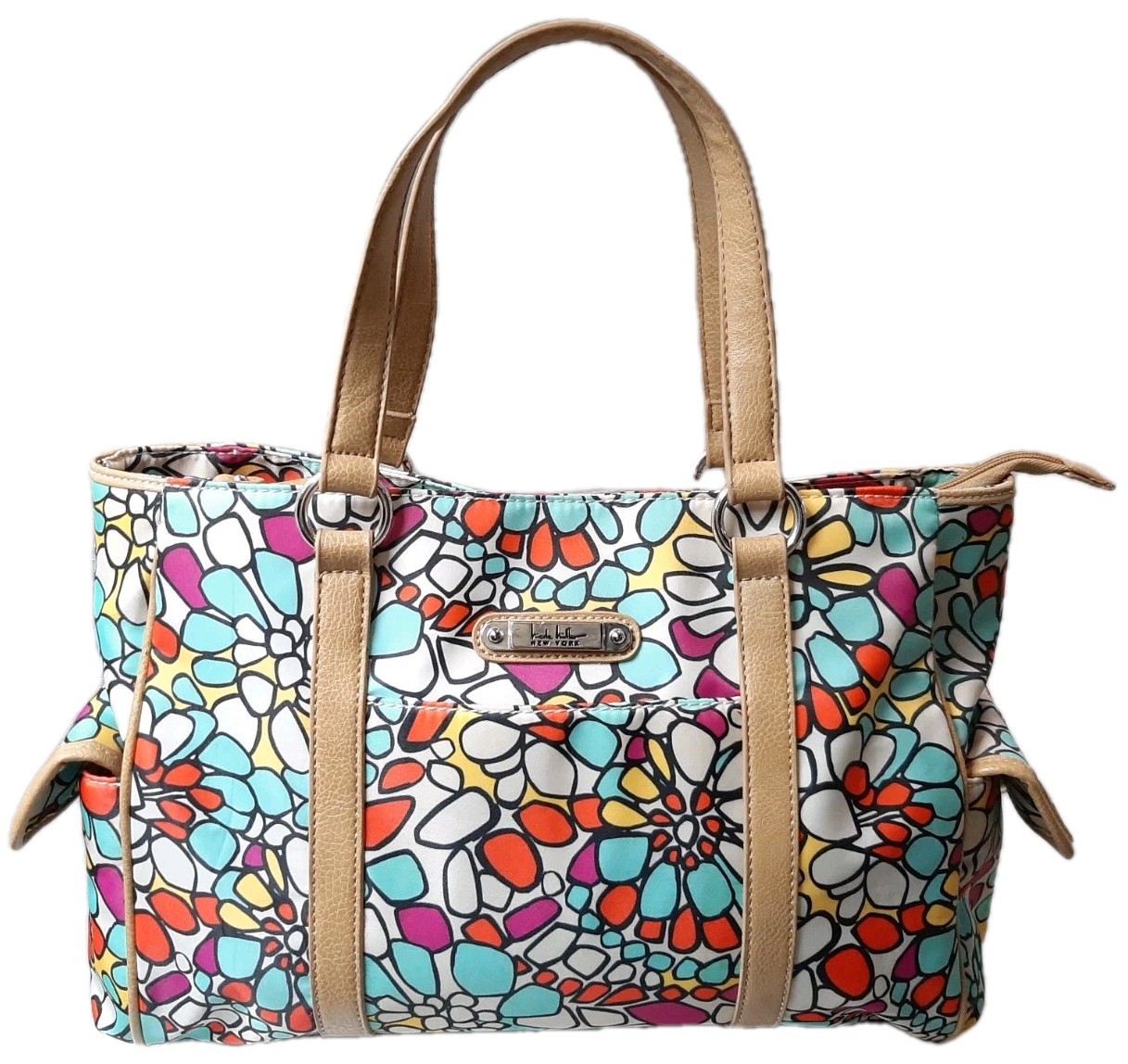 Nicole Miller NY Double Handle Purse Tote Handbag Full Zip Colorful Mod Floral