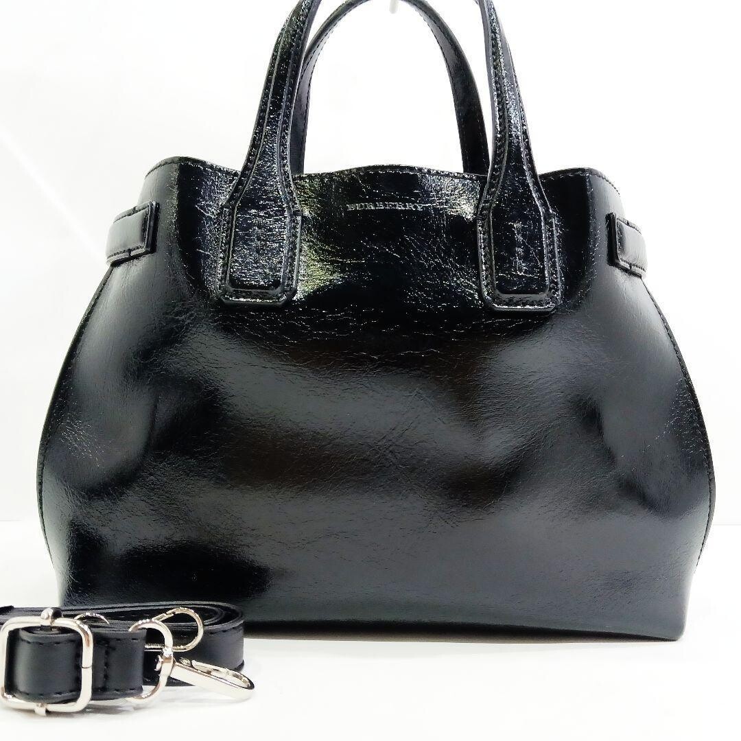 Burberry Black Patent Leather 2Way Handbag Shoulder Bag Nova Check 26cm 80cm