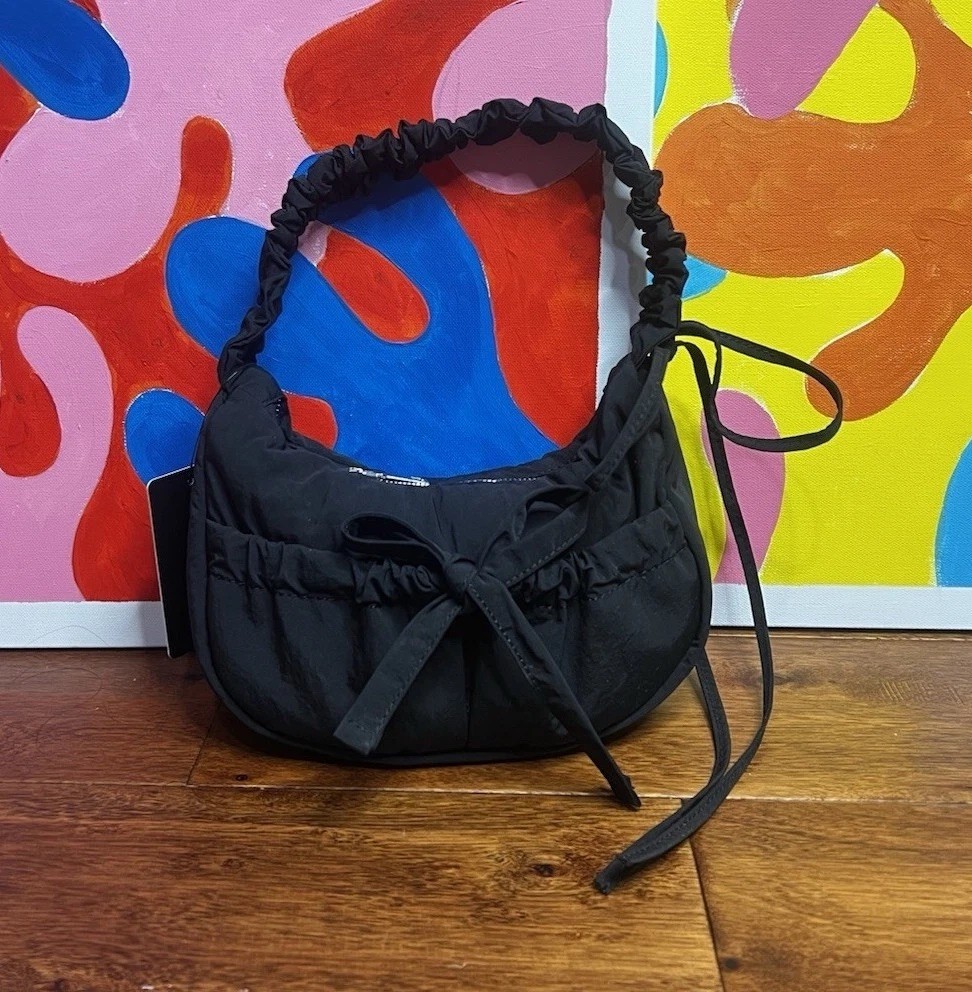 Becool Black Shoulder Bag Bow Ruffle Accents Zip Closure Women’s Medium