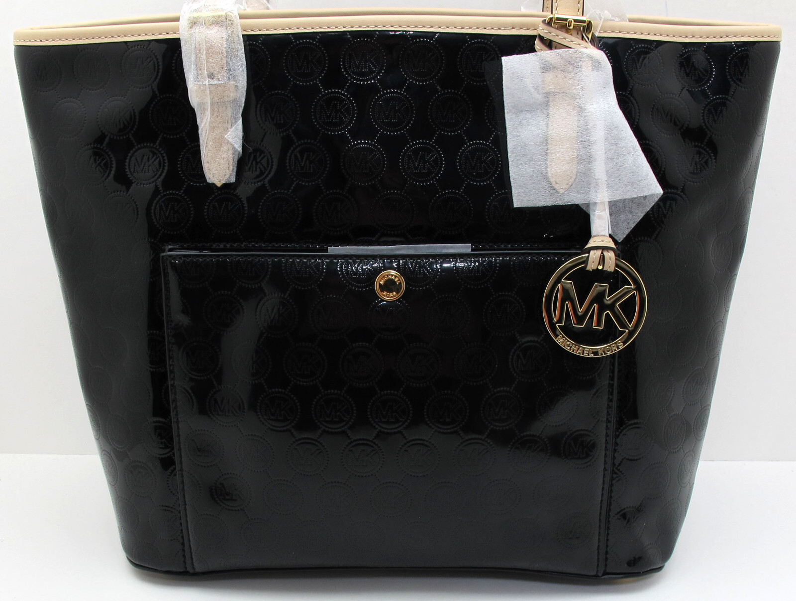 NEW MICHAEL KORS JET SET Large Snap Pocket Shiny Leather MK Monogram Tote Black