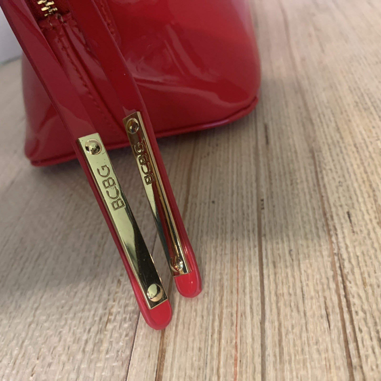 BCBG Red Patent Faux Leather Dome W/ Gold Hardware Handles Satchel Preppy