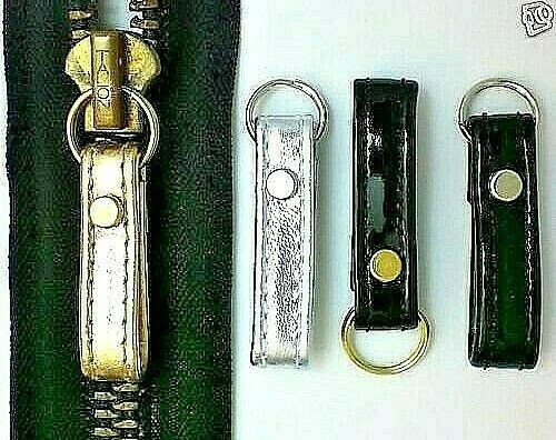 Two Black Patent / Gold / Silver Leather Zipper Pull Loops With Mounting Rings