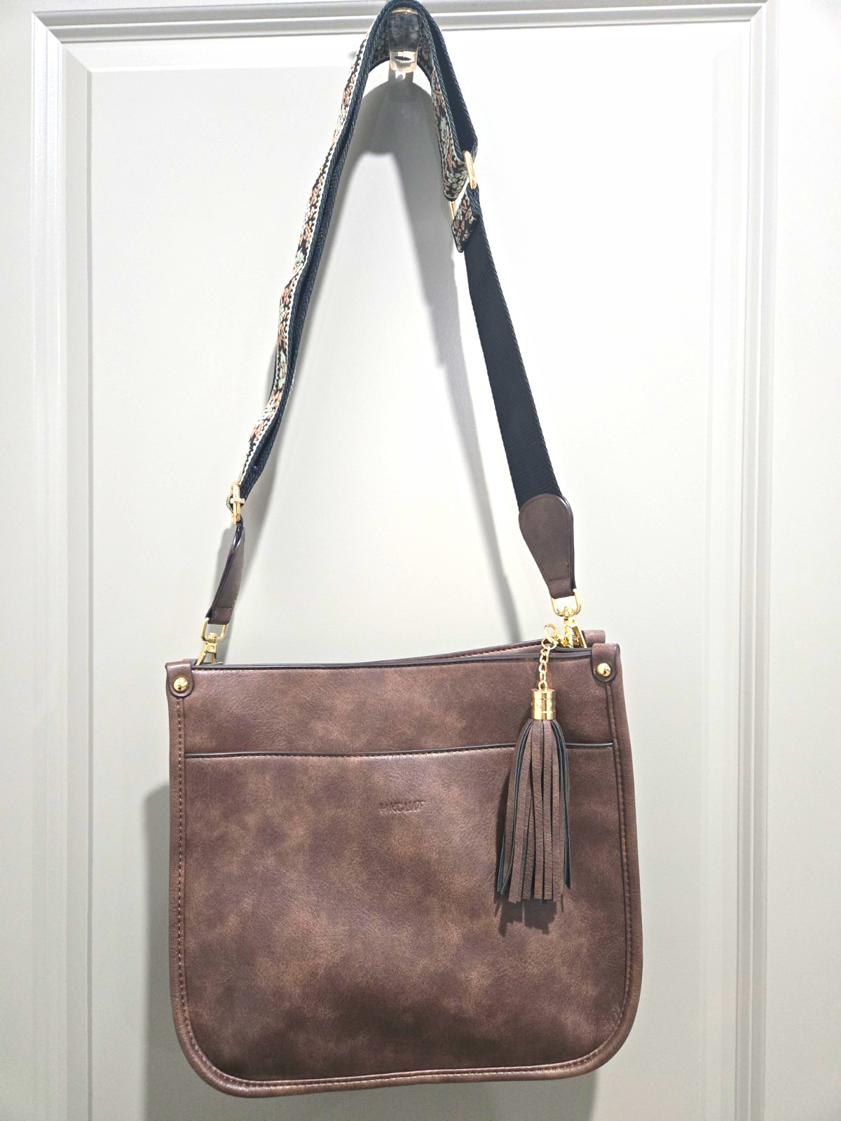 HKCLUF Women’s Brown Floral Crossbody Bag Tassel Zip, Detachable Strap, Pockets