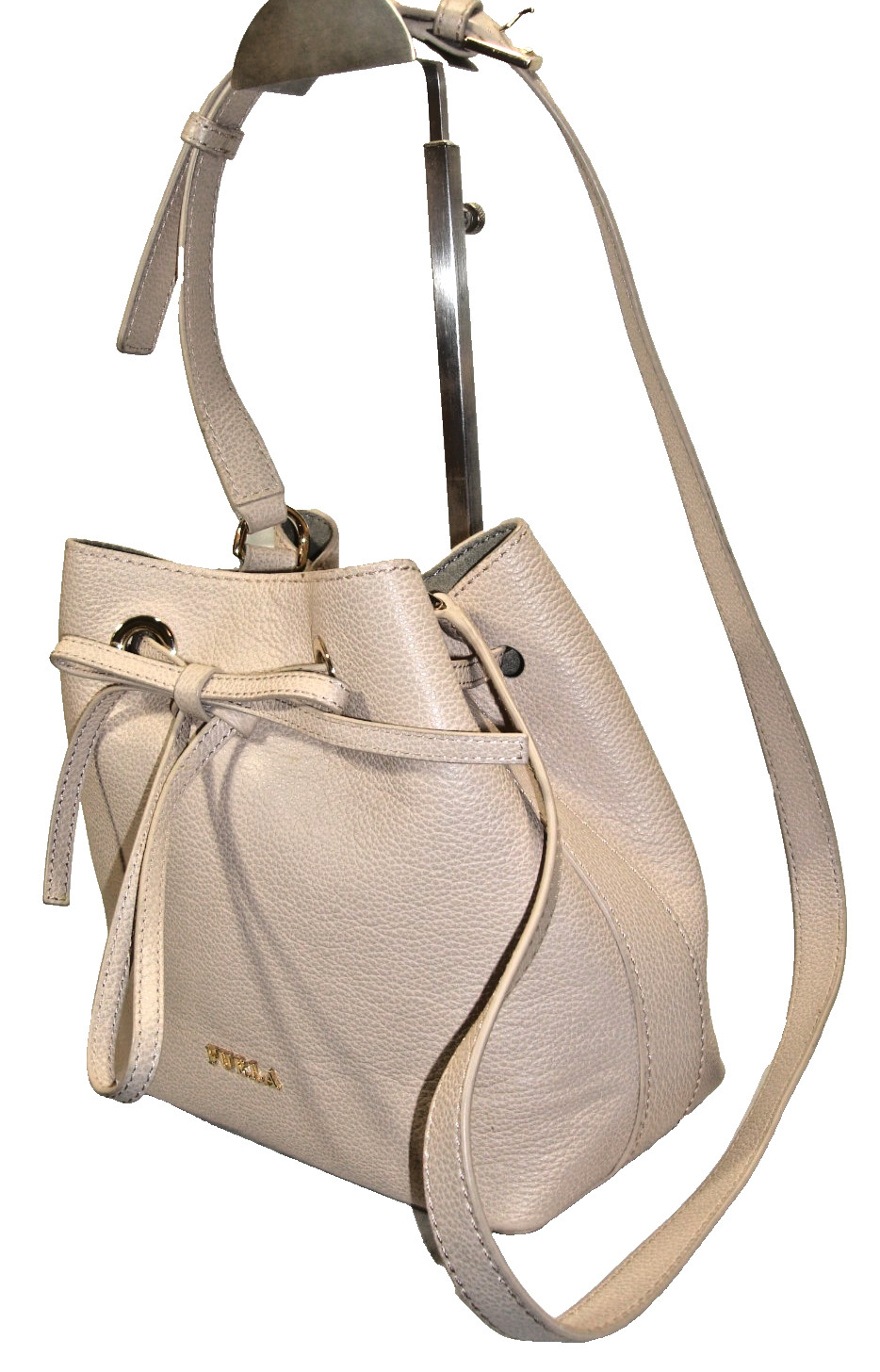 Furla Beige Soft Pebbled Leather Suede Lined Drawstring Bucket Shoulder Bag MINT
