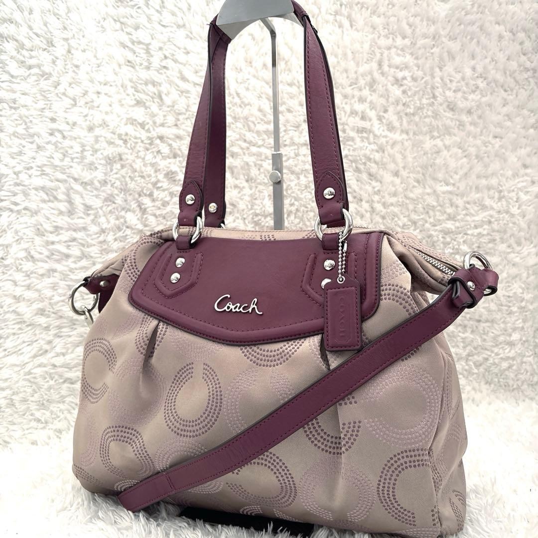 Coach Ashley Signature Canvas Convertible Boston Bag Taupe Burgundy F20068