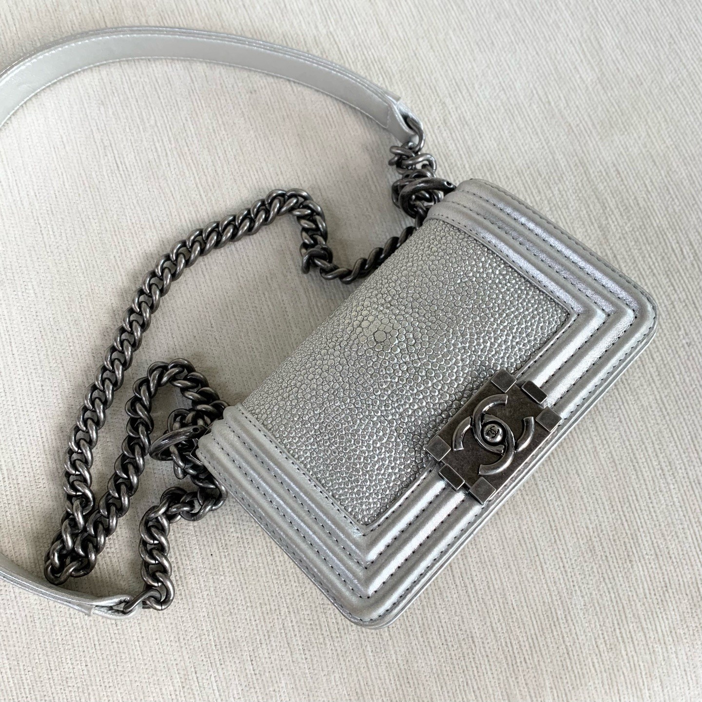 Chanel Silver Textured Le Boy Wallet on Chain (WOC) with Ruthenium Hardware