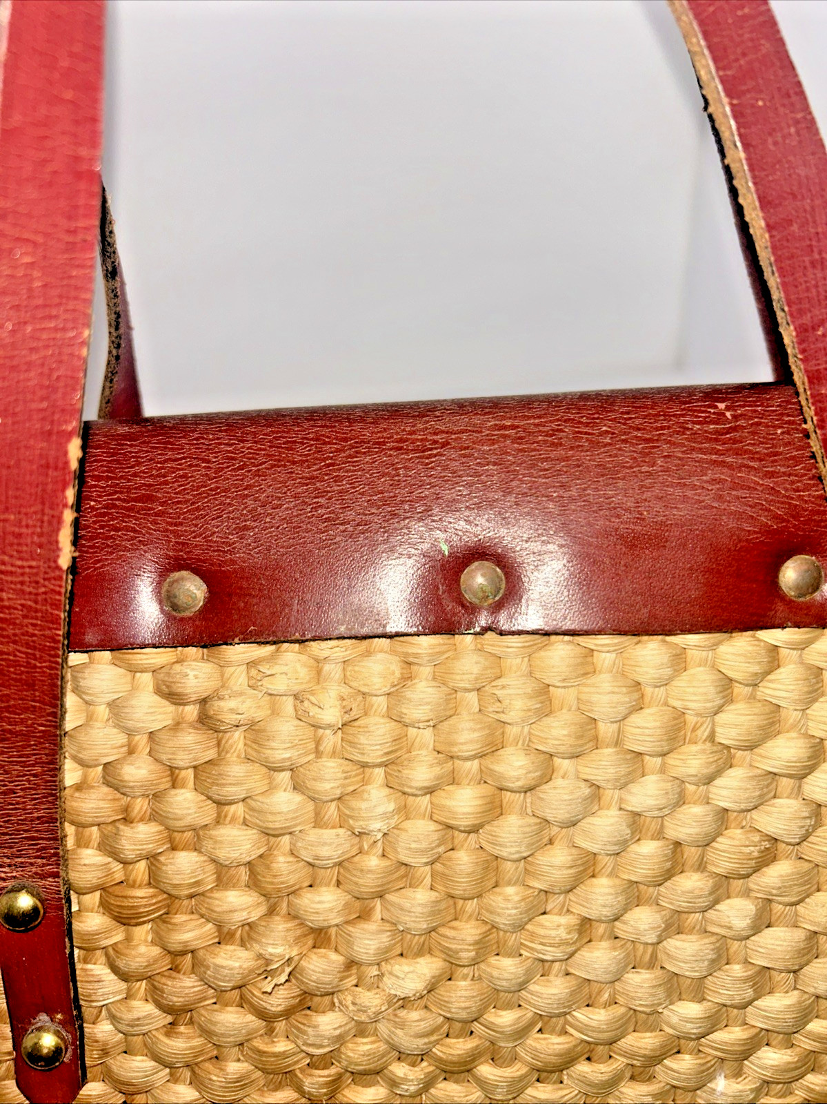 Vintage Handbag Woven Straw Rattan Leather Satchel 60s70s Cottagecore