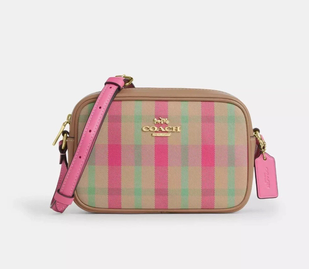 NWT COACH Mini Jamie Camera Bag With Plaid Print CBM37 Gold/Pink