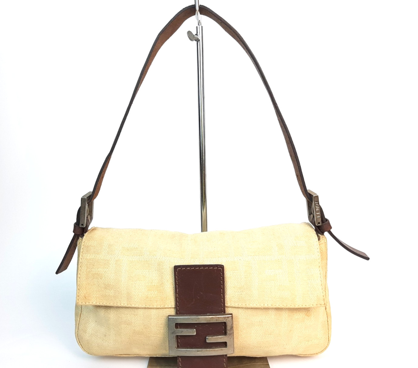 FENDI Zucca Mamma Baguette One Shoulder Hand Bag Beige Canvas Leather