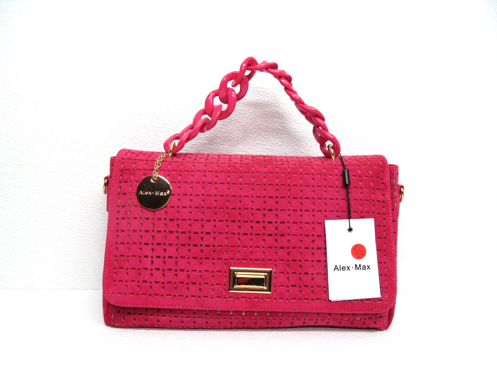 Alex Max Design Handbag Pink Fuchsia Faux Suede Cut-Out Chain Strap rare
