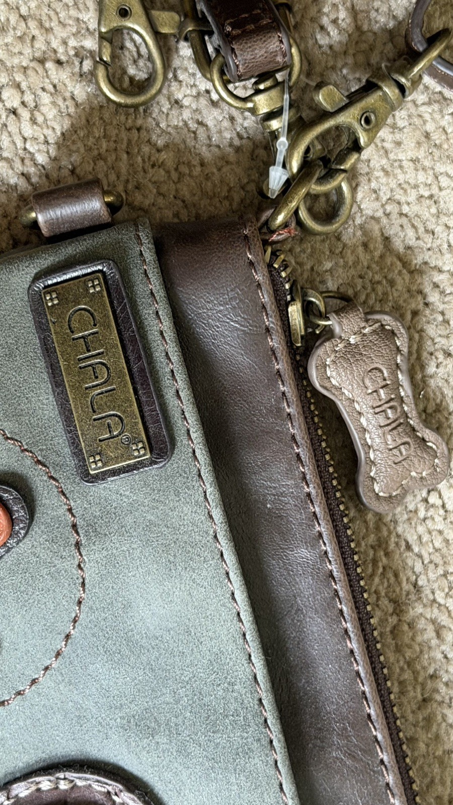 Chala Gray Vegan Leather Paw Print. Convertible X-Body, clutch, and purse