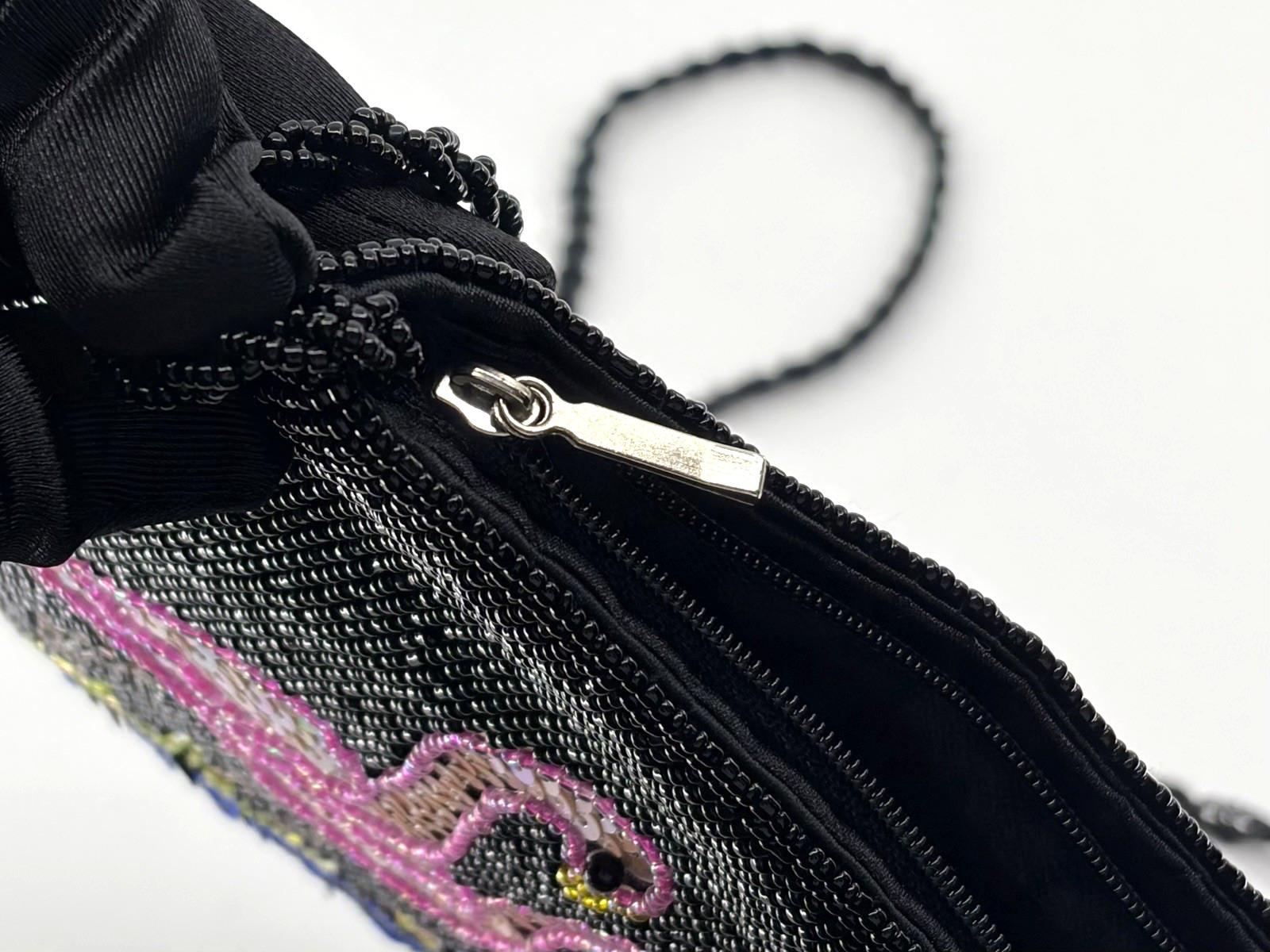 Tropical Black Beaded & Pink Sequin Flamingo Beachy Glam Crossbody Evening Bag