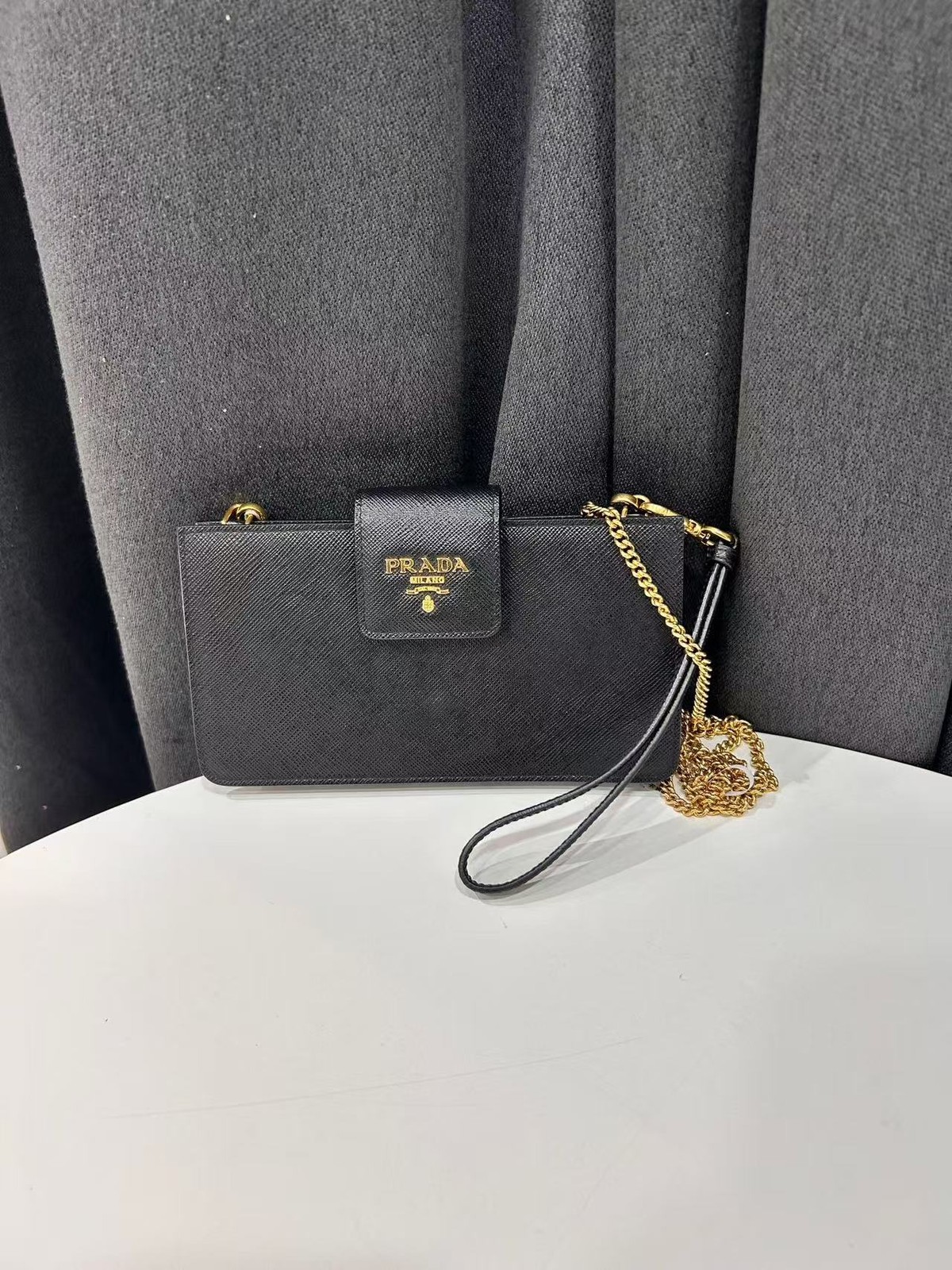 Authentic Prada Black Saffiano Leather Chain Wallet Crossbody Bag Italy