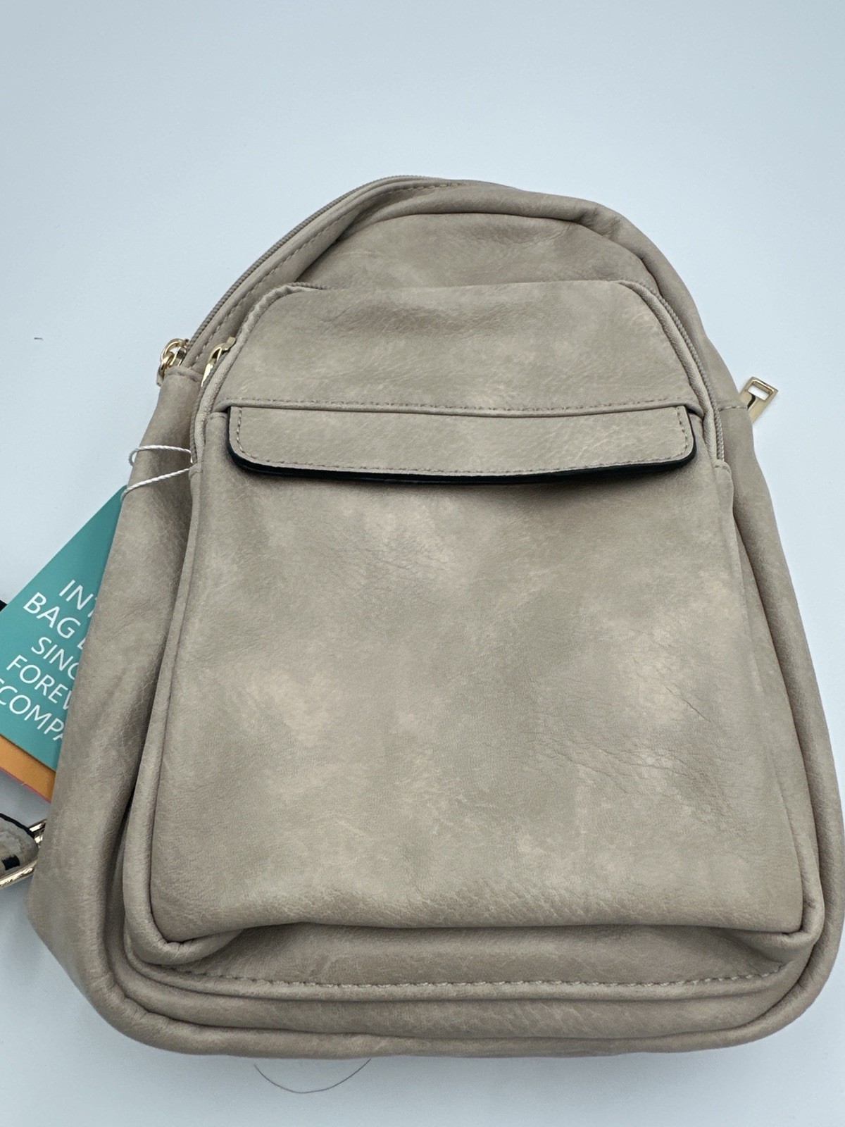 UHIW Beige Faux Leather Backpack Purse w/ Front & Back Pocket + Keychain NWT