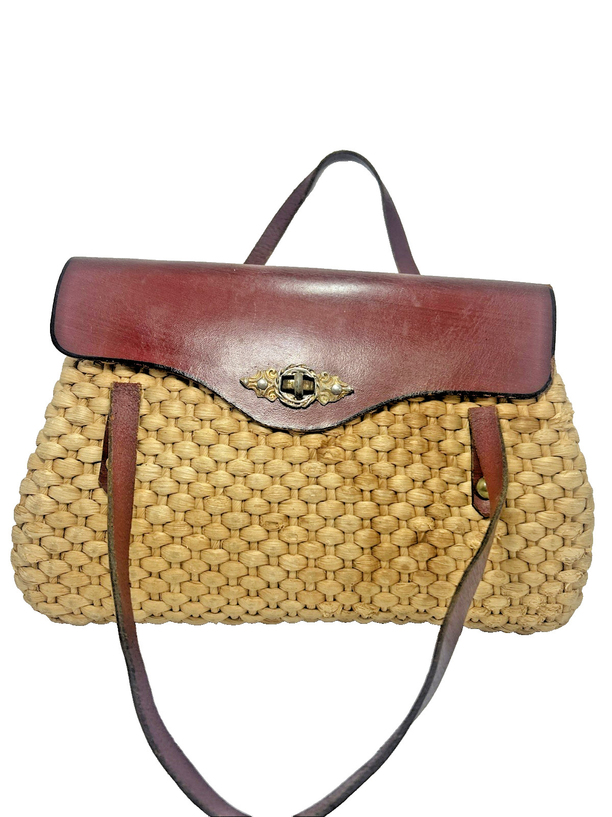 Vintage Handbag Woven Straw Rattan Leather Satchel 60s70s Cottagecore