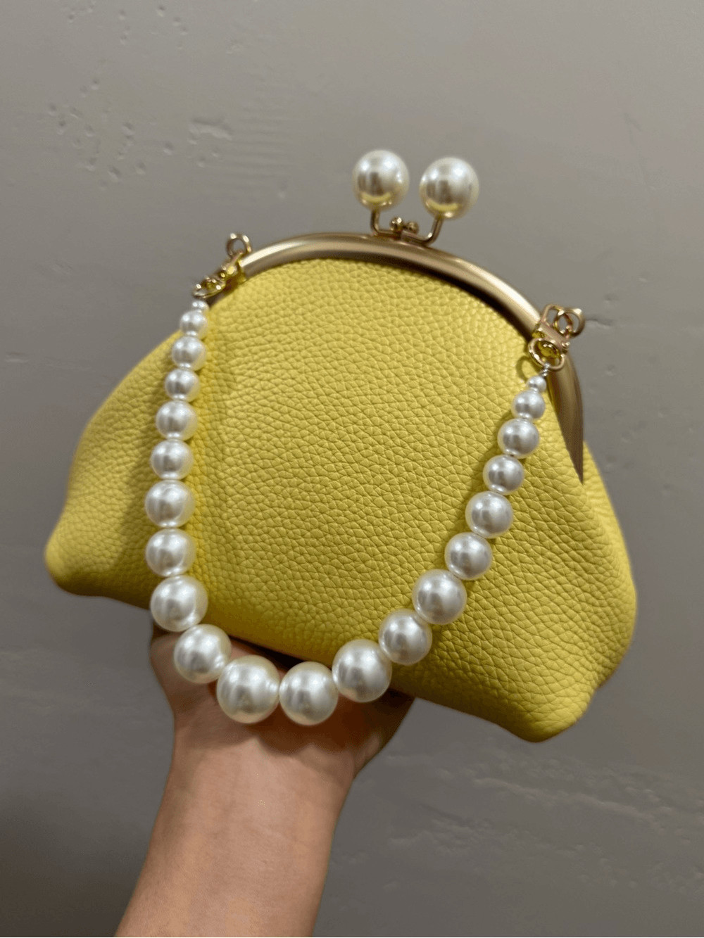Yellow Togo Calfskin Handmade Vintage Kisslock Clutch, Wristlet, Crossbody
