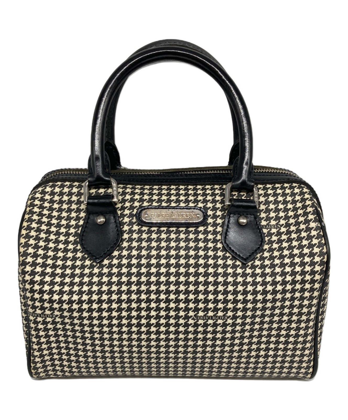 Ralph Lauren Houndstooth Mini Boston Bag PVC Beige Womens Top Handle Zip
