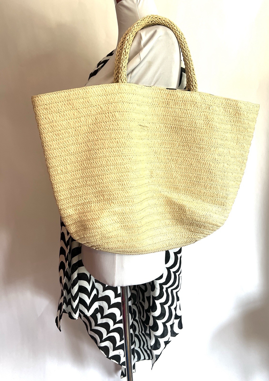 Marimekko X Uniqlo Huge Straw Tote With Black and White Laine Print Lining
