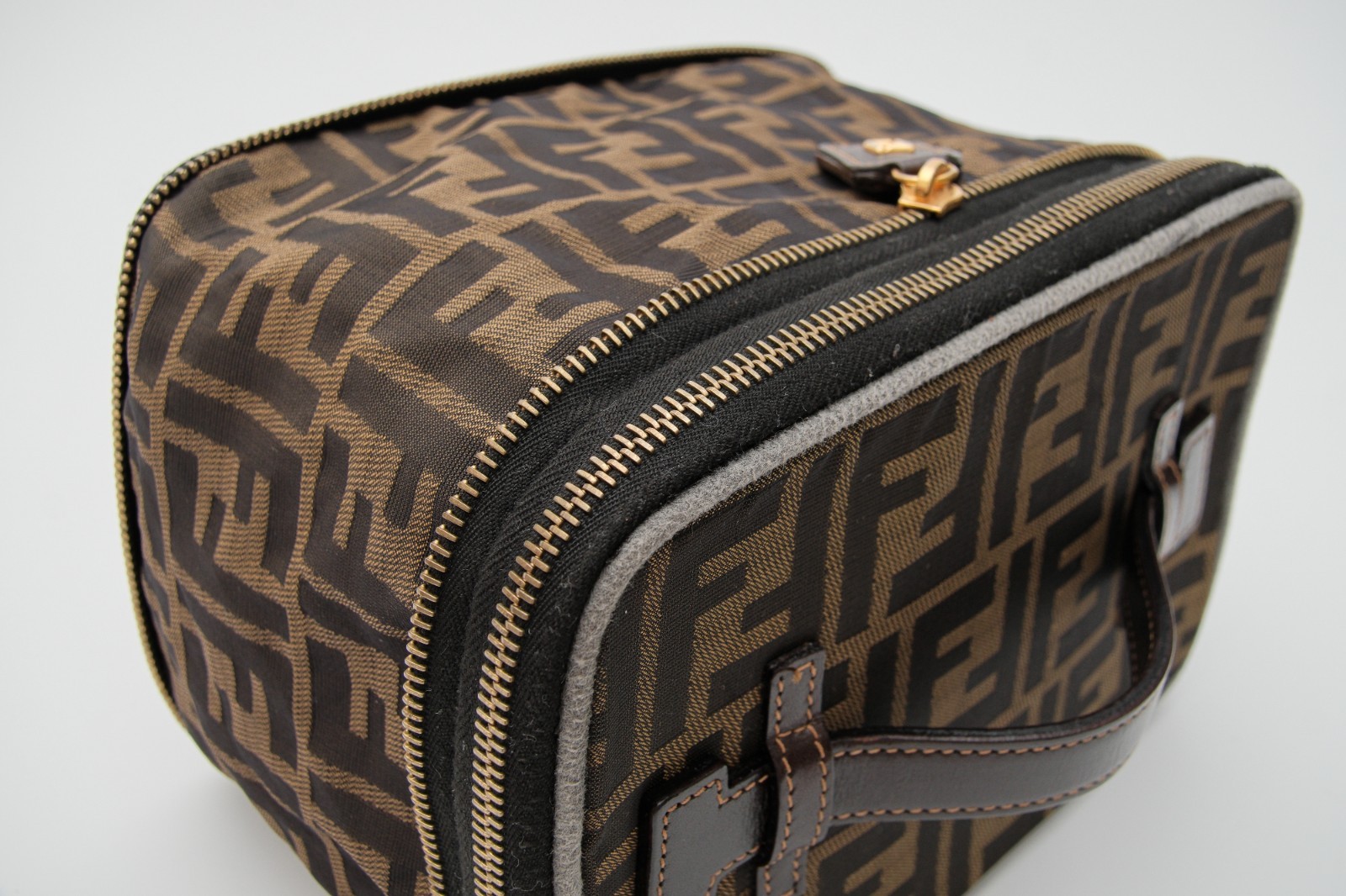 FENDI Zucca Vanity Hand Bag Purse Nylon Leather FF