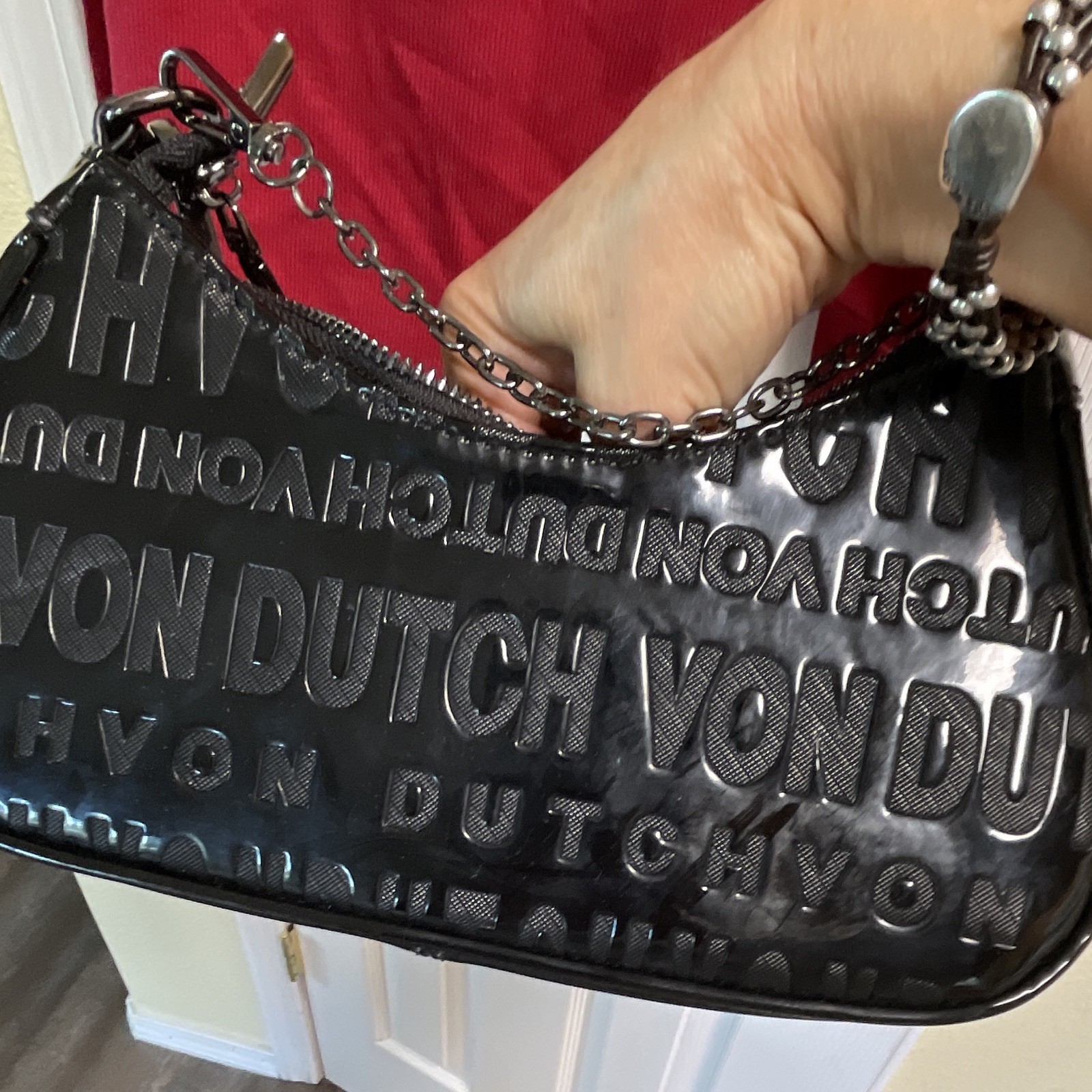 Von Dutch Black Patent Logo Small Shoulder Bag Chain Strap Zip Closure