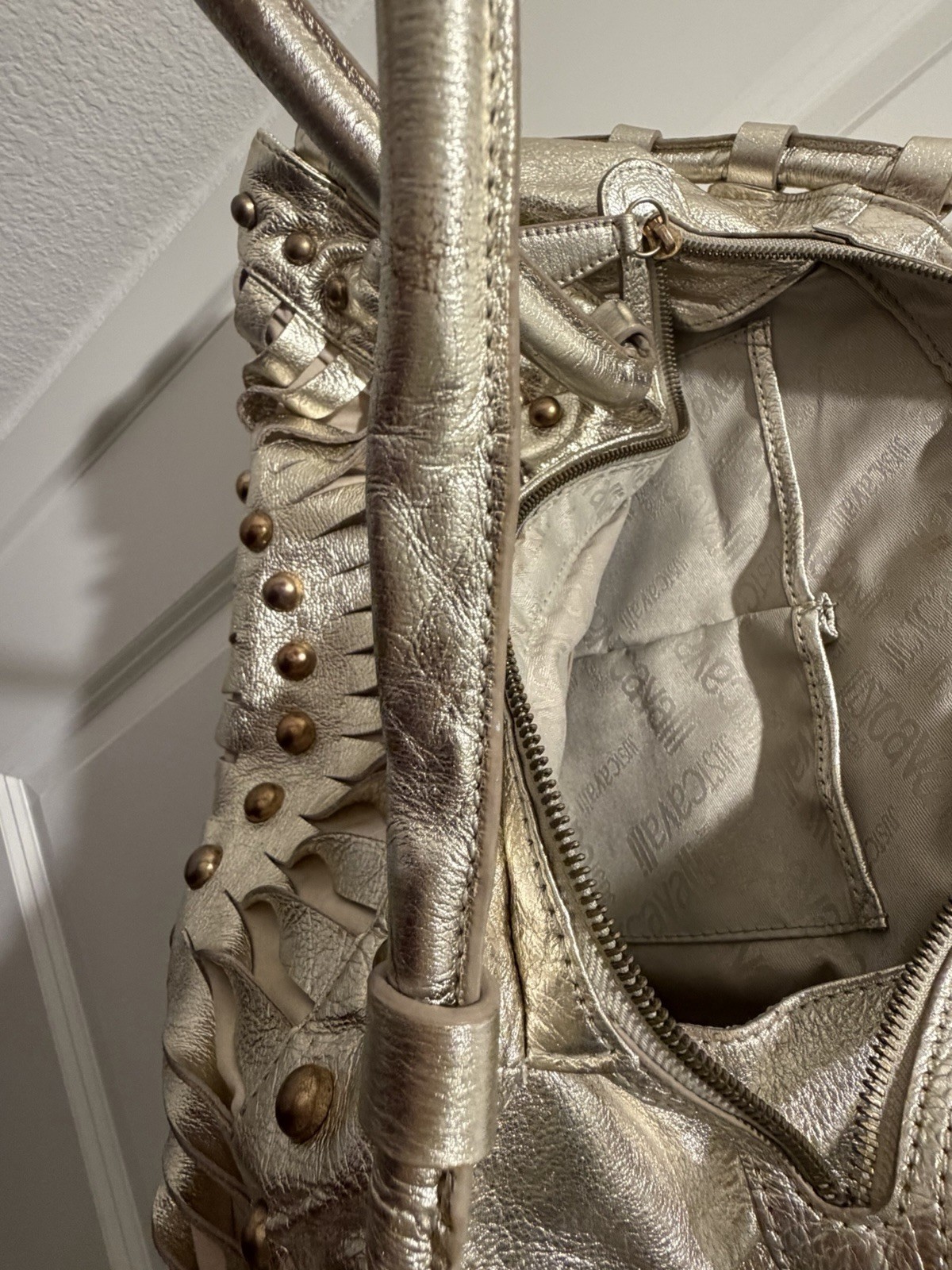 Just Cavalli Metallic Gold Studded Braided Top Handle Satchel Bag, Medium