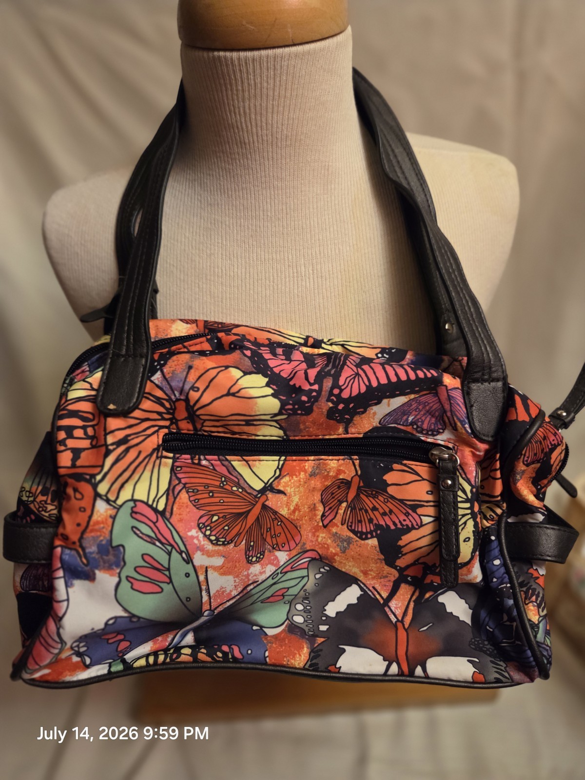 Rosetti Multicolor Butterfly Satchel Top Handle Bag Black Straps Zip Pockets