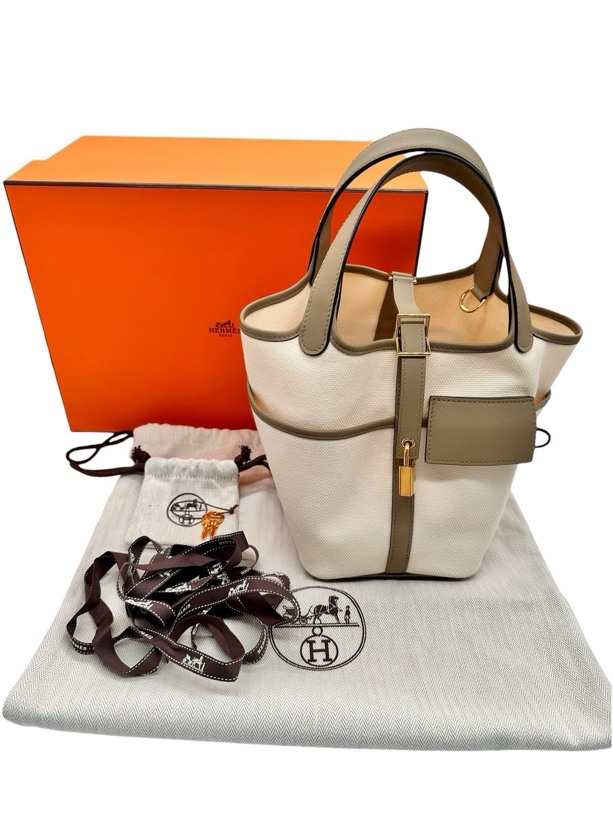 Hermès Picotin Cargo 18 Etoupe Swift Leather Canvas Fullset Handbag Bag