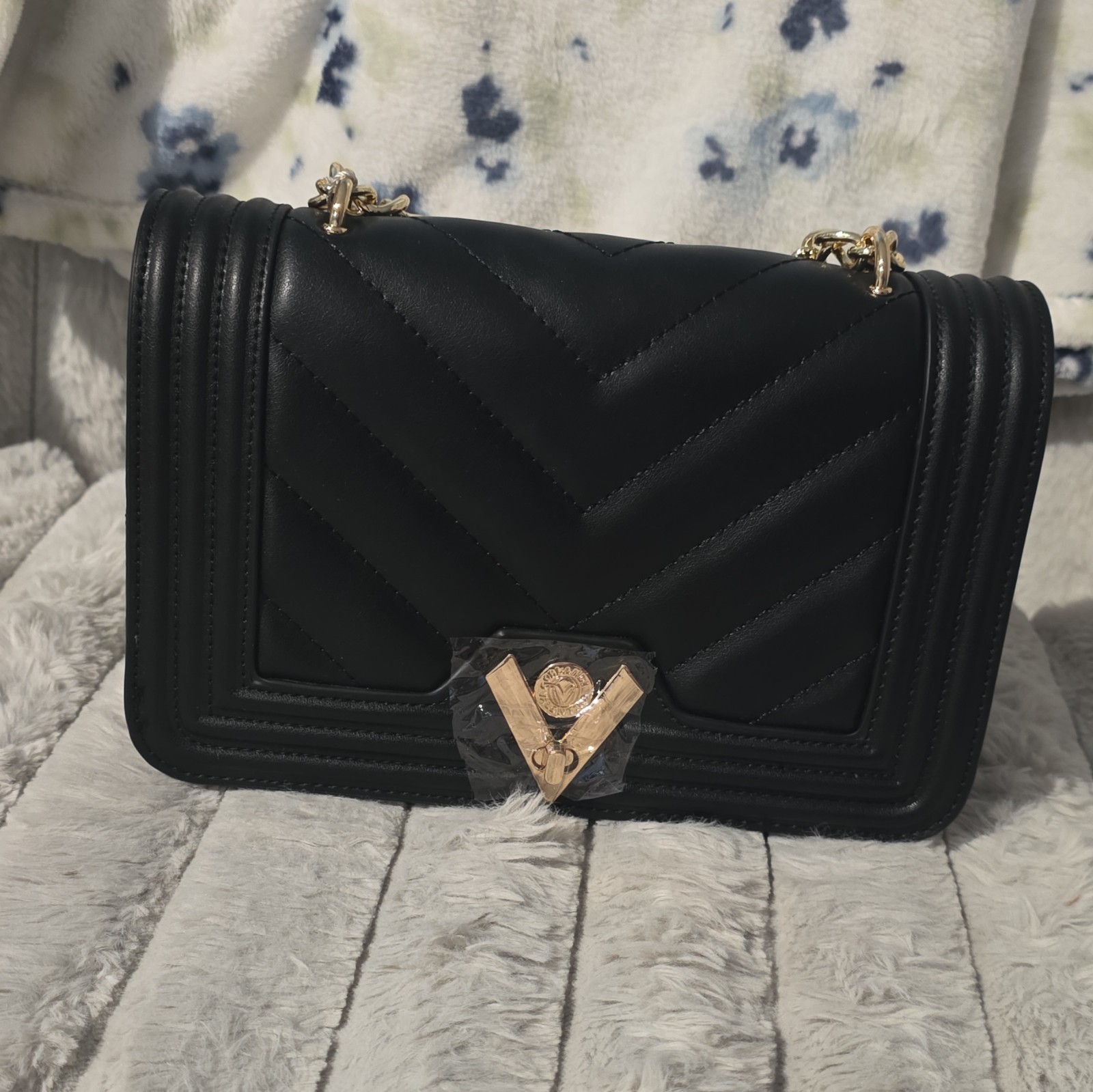 Valentino Orlandi Black Small Quilted Crossbody Bag Gold Chain Strap Snap