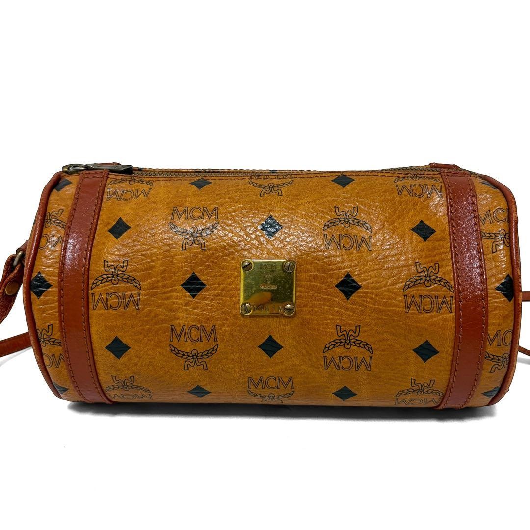 MCM Mini Shoulder Bag Visetos Camel PVC Cylinder Shape 23x13x13cm Authentic