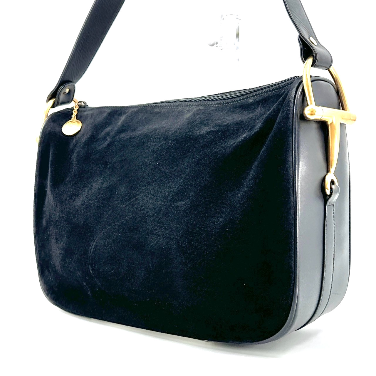 Vintage GUCCI Horsebit Shoulder Bag Suede Leather Black Authentic