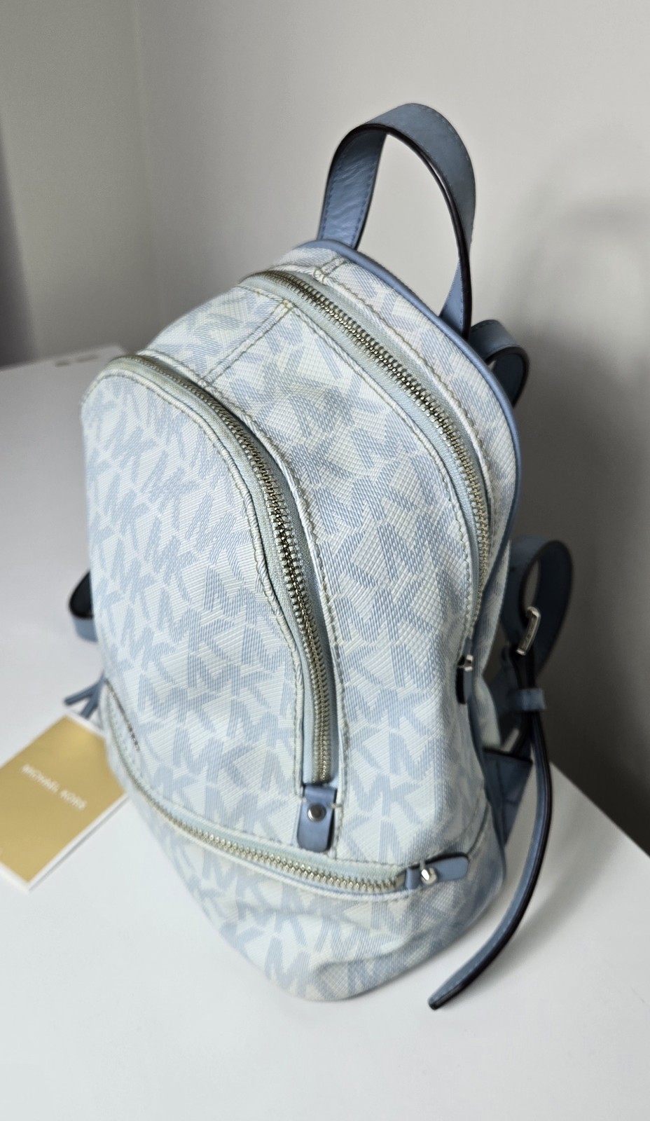 RARE Michael Kors Rhea Medium Backbag Signature Logo Soft Sky Blue White