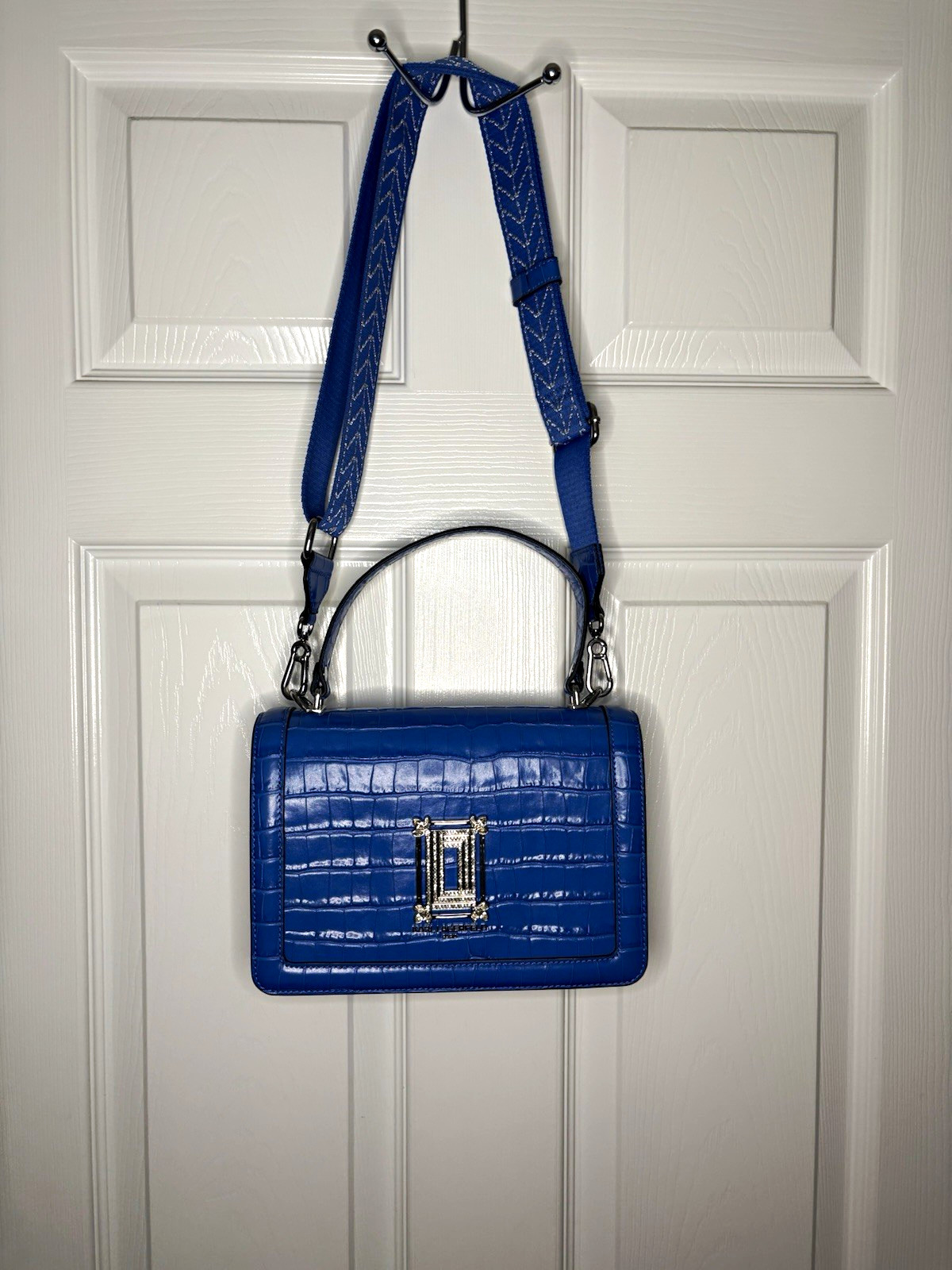 KARL LAGERFELD PARIS Blue Croc Embossed Small Top Handle Crossbody w Strap