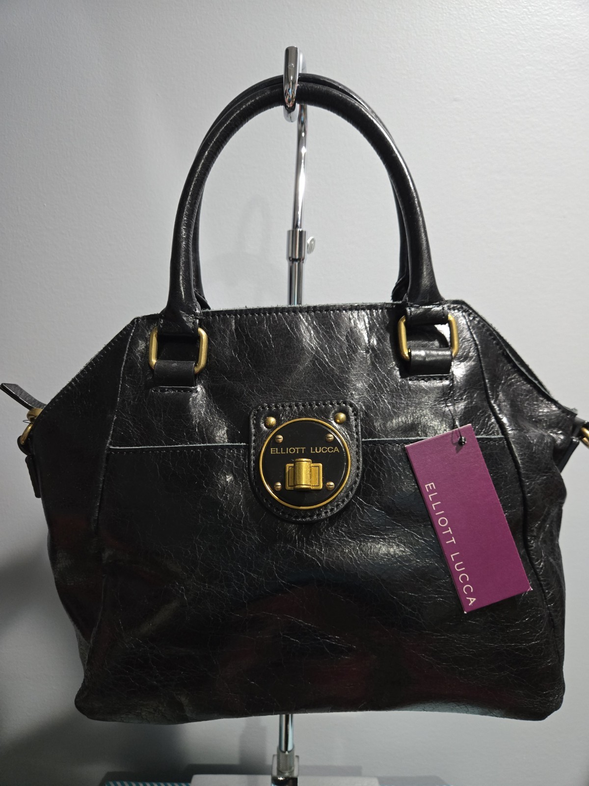 Elliott Lucca Black Satchel Top Handle Detachable Strap Gold Turn Lock Zip