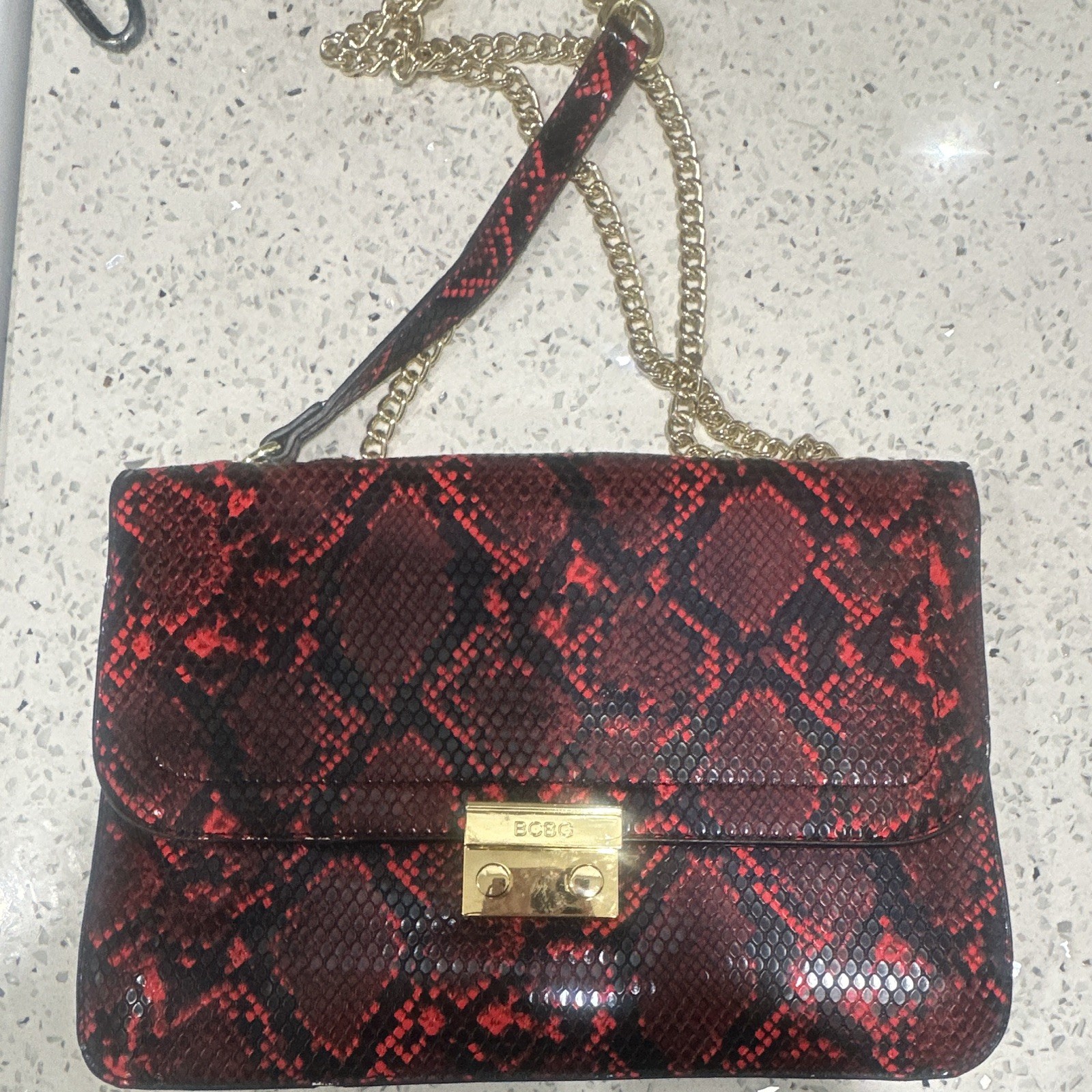 BCBG Red & Black Snake Animal Print Small Crossbody Bag Gold Chain Push Lock