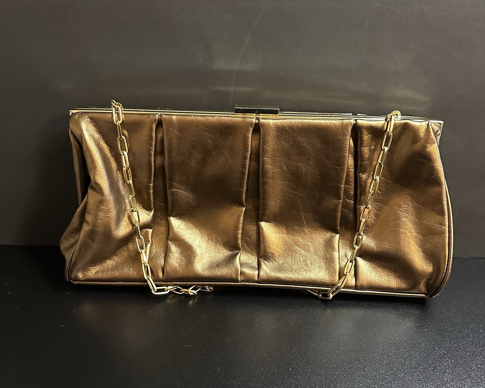 Gold/Bronze Pleated Clutch Evening Bag W/Chain Strap