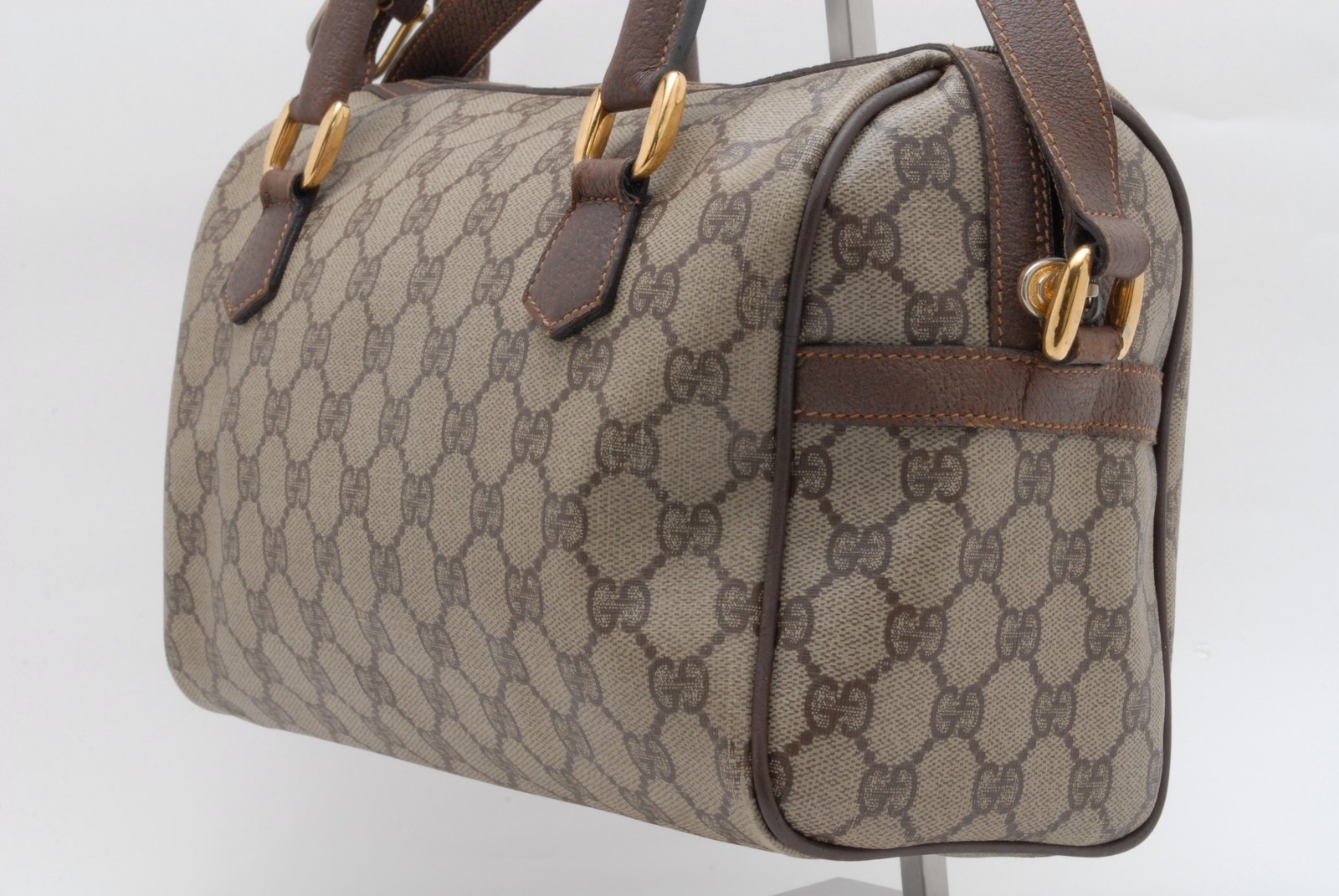 Gucci GG Supreme Web Stripe 2Way Boston Bag PVC Leather Shoulder Bag Beige