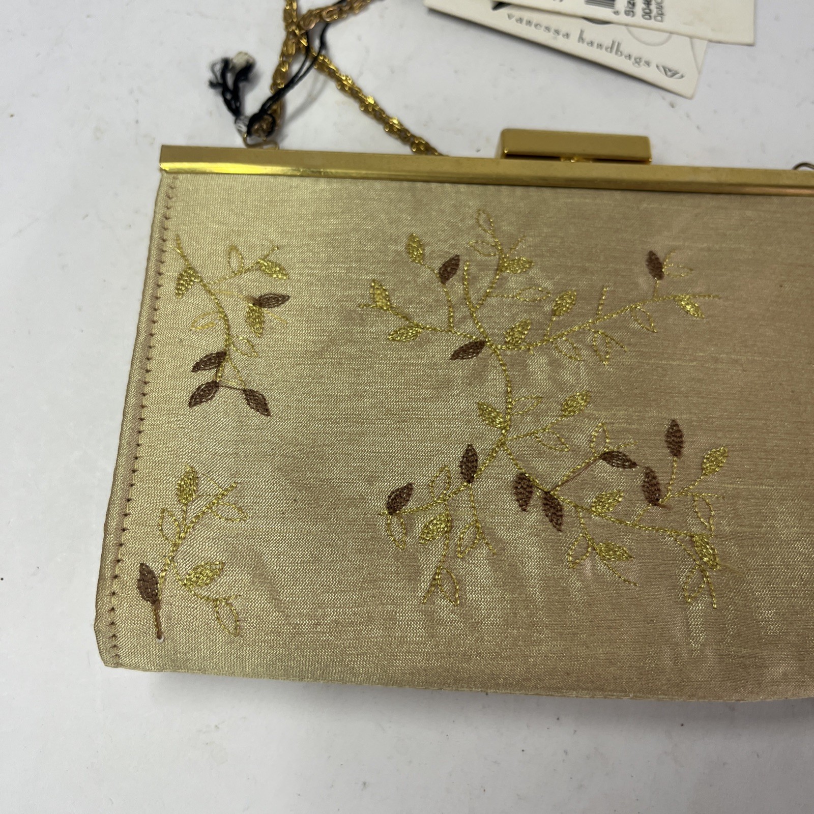 Vanessa Beaded & Embroidered Gold Evening Clutch w/Hideway Chain 8×5 Tags