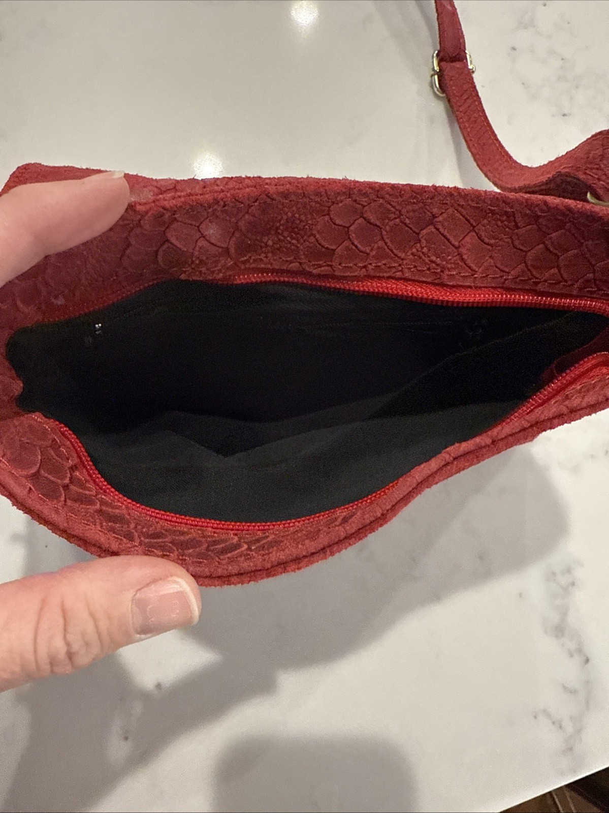 Sofia C. Satchel Purse Bag Red Leather Reptile Made In Italy, 9 x 7 x 1″