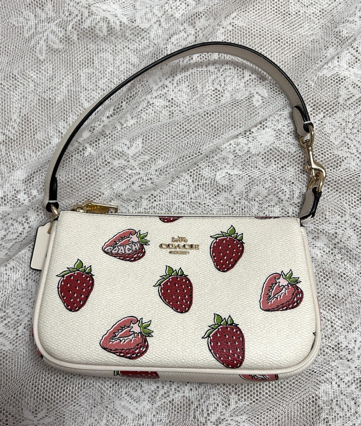 Coach Nolita White Pebbled Strawberry Fruit Print Zip Pouch w/ Detachable Strap