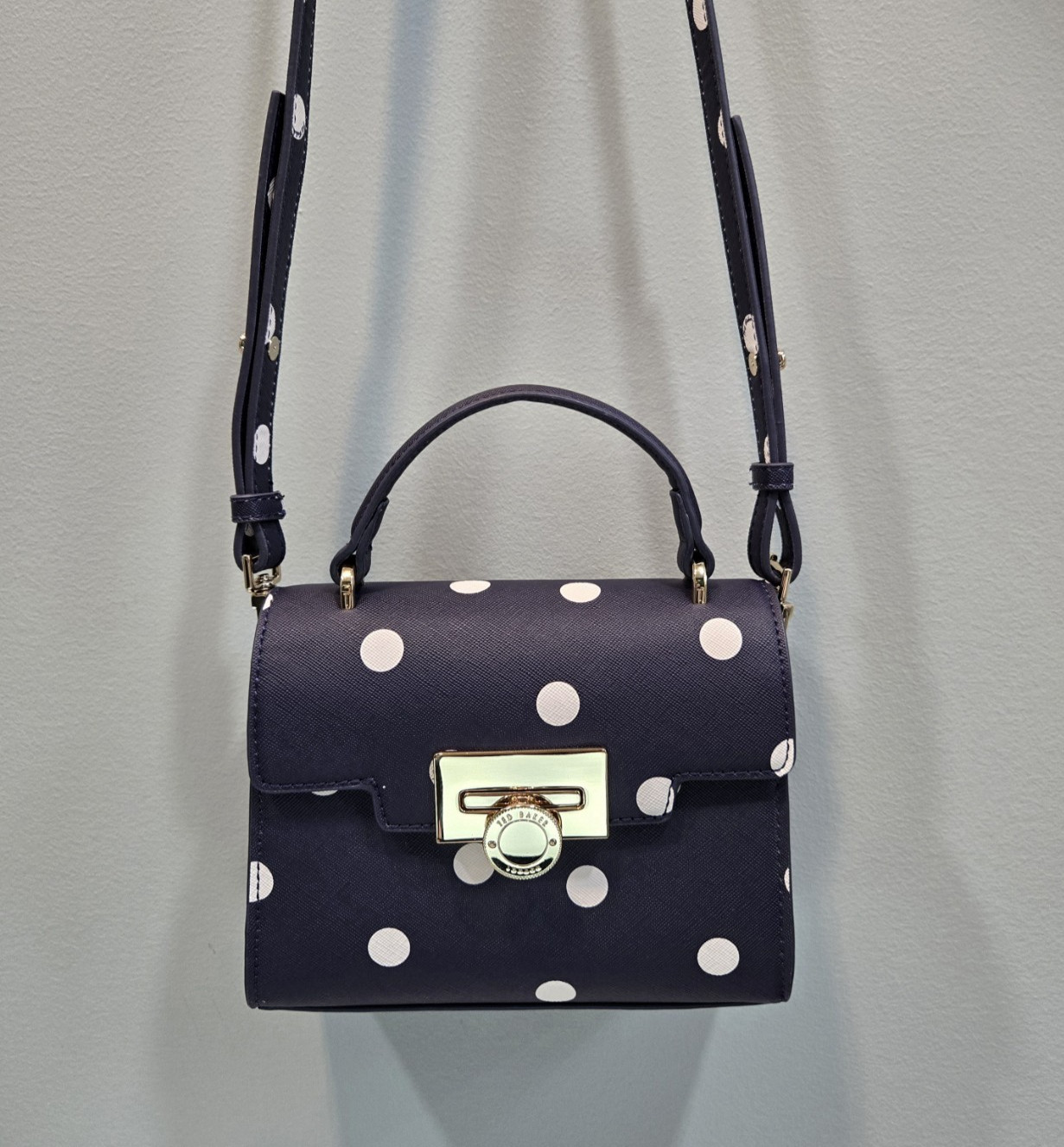 Ted Baker Lili Top Handle Satchel Mini Handbag Navy White Polka Dot Crossbody