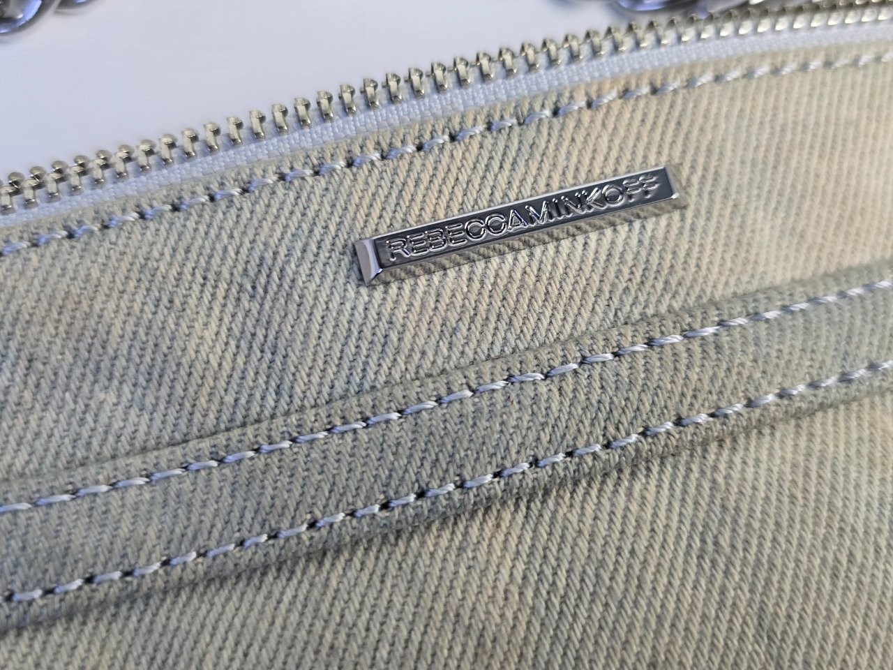 Rebecca Minkoff Mini MAC Crossbody Bag Denim Patches Light Wash Chain Strap