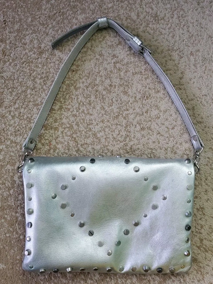 Titov Studded Silver Leather Crossbody Clutch Bag Purse, Custom made, 11 × 11 in