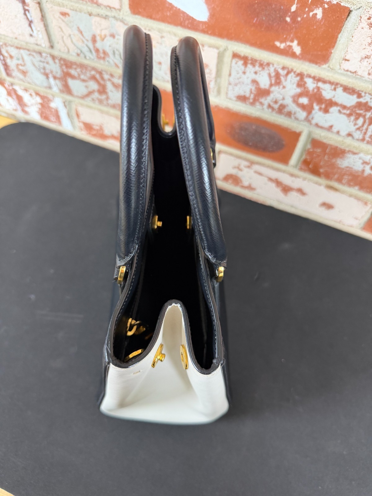 PRADA Black Saffiano Lux Bicolor Tote Small (FULL SET) Nero+Talco Leather Italy