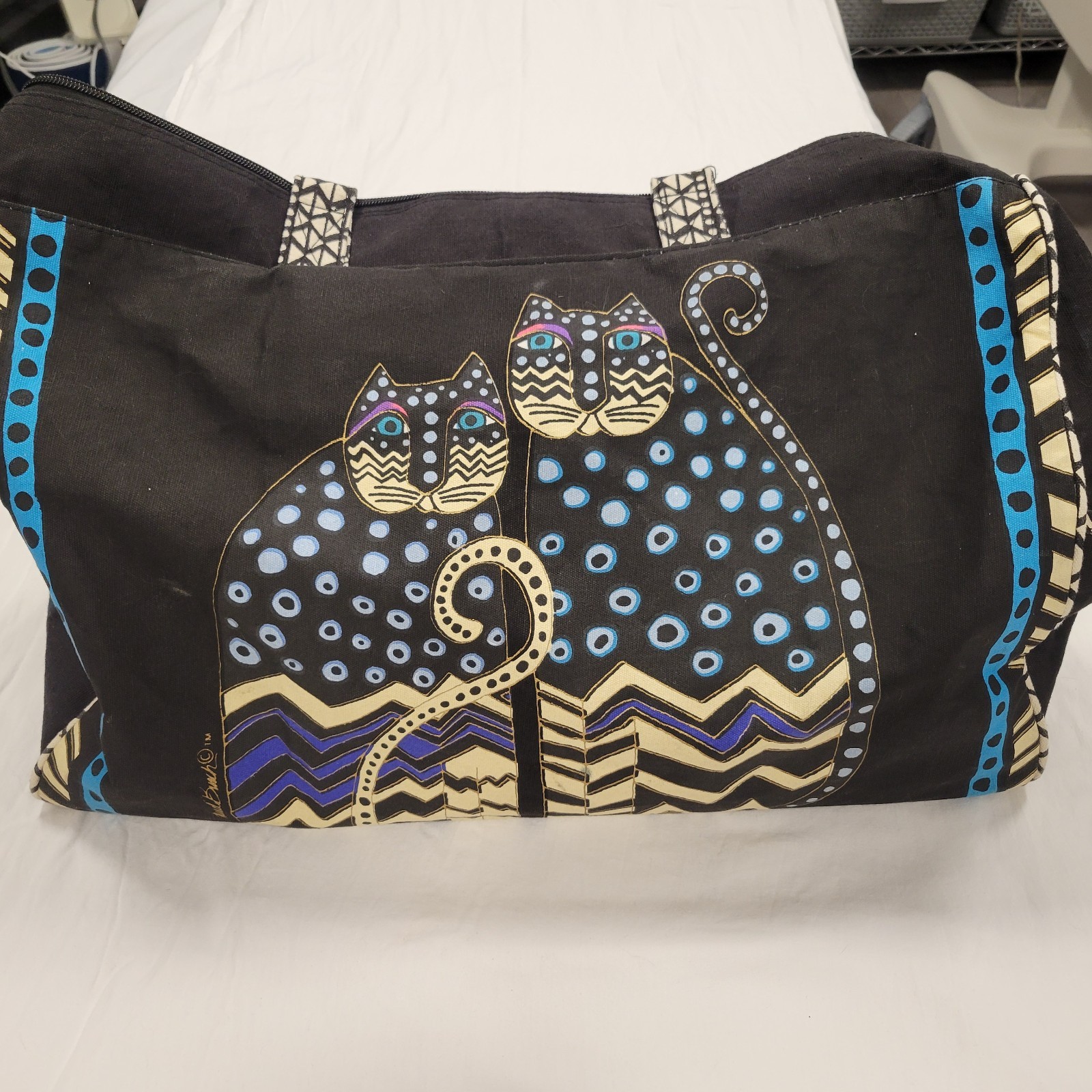 Laurel Burch Cat Design Black Blue Gold Bead Accented Overnight Bag Novelty Cats