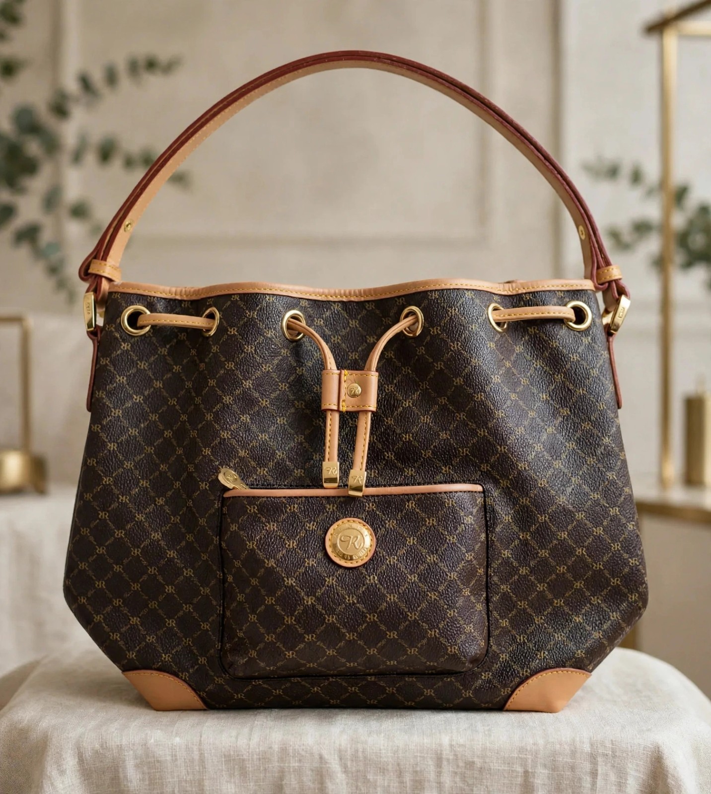 ​Rioni Signature Moda Italia Brown Canvas Leather Drawstring Bucket Bag Purse