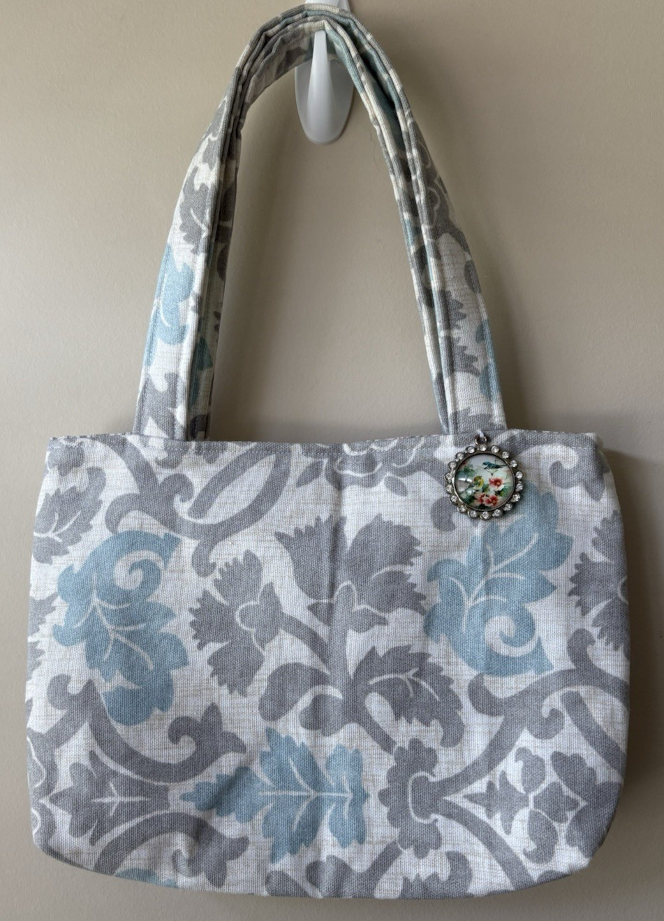 Hand-made OOAK Women’s Small Floral Canvas Tote Bag Studded Bird Button Cottage