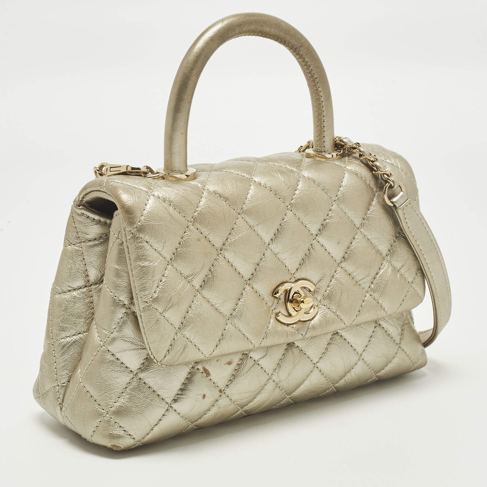 Chanel Coco Handle Mini Gold Quilted Aged Leather Top Handle Bag