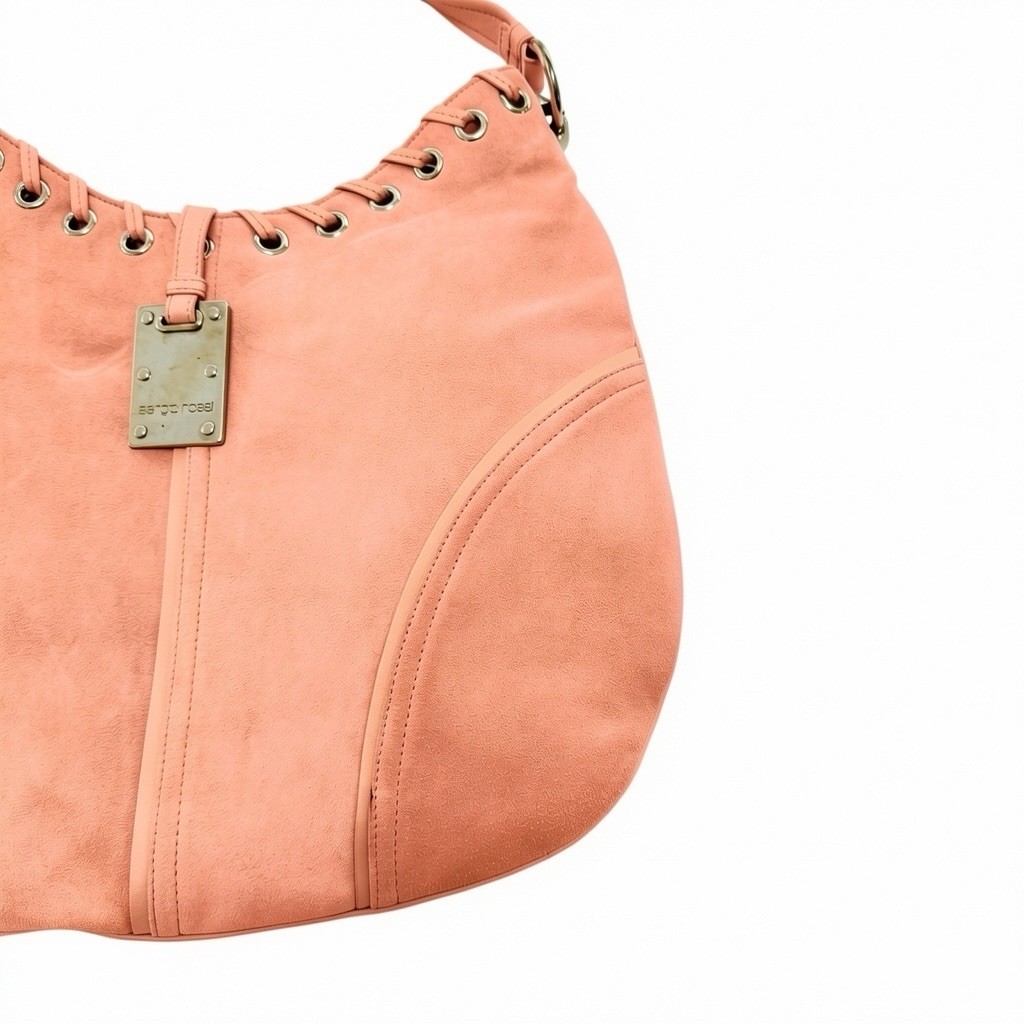 Sergio Rossi Coral Suede Hobo Bag Leather Laced Grommet Shoulder Purse Italy