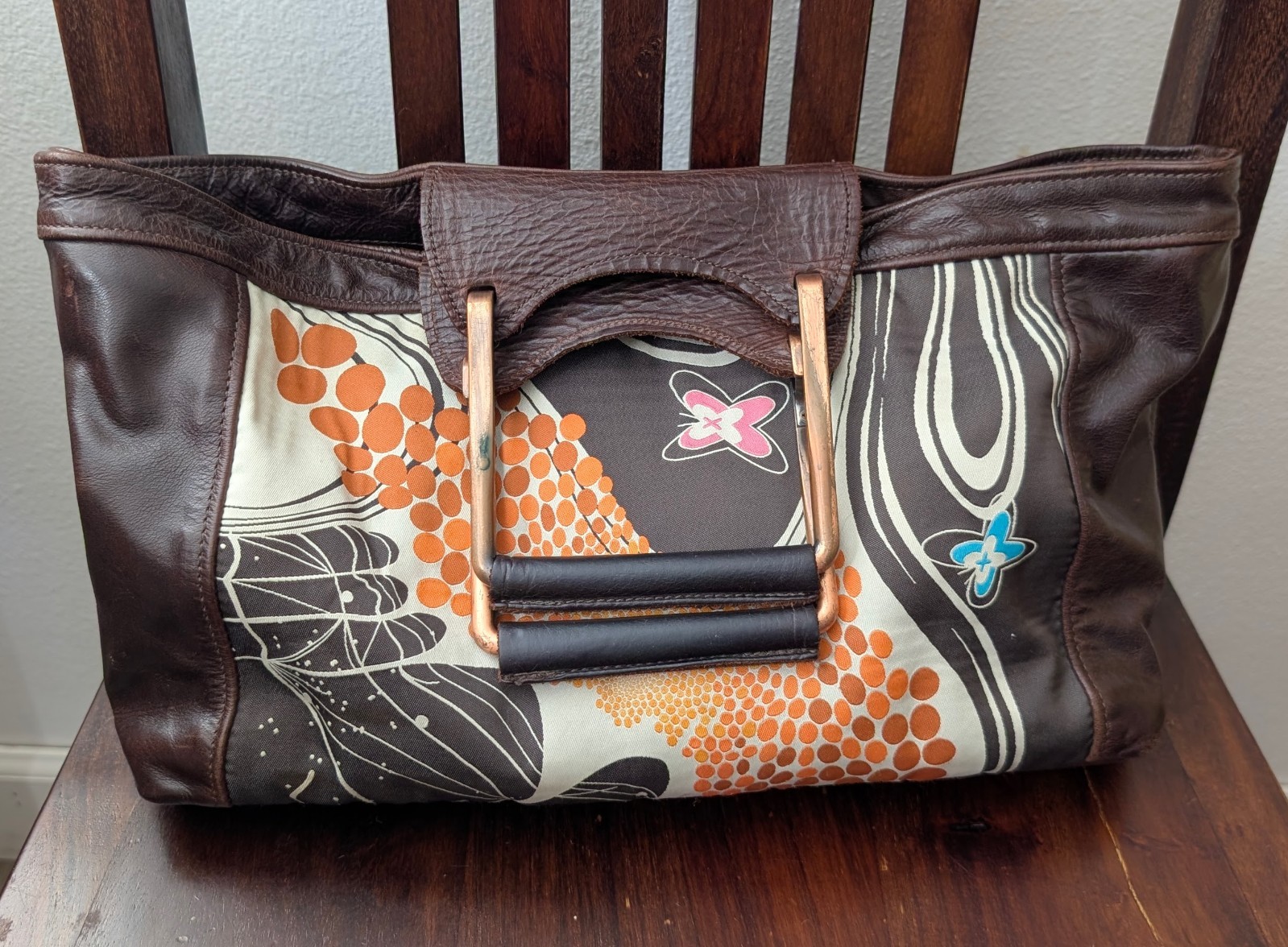 JAS M.B. Printed Fabric W/Brown Distressed Leather Metal Handle Tote Bag